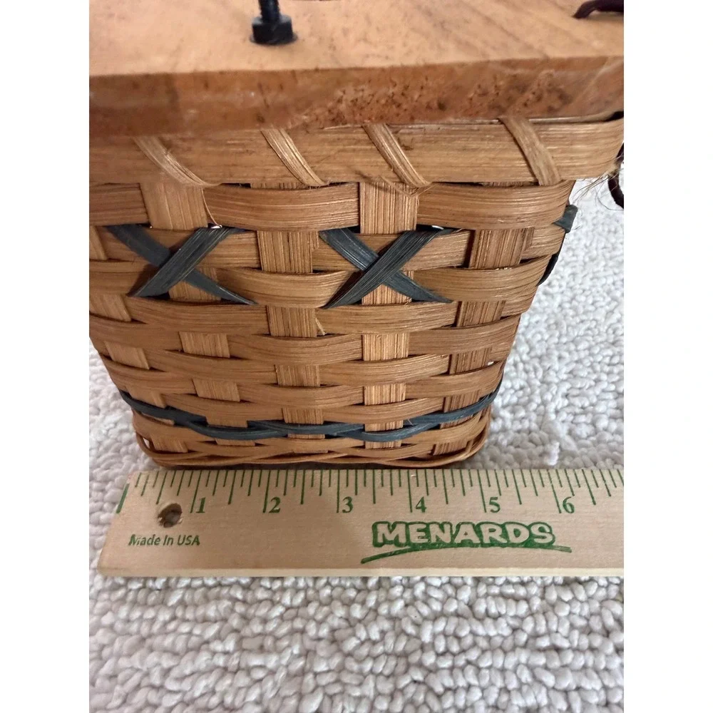 Vintage Rustic Woven Square Kleenex Basket with Wood Heart Lid and Metal Handle
